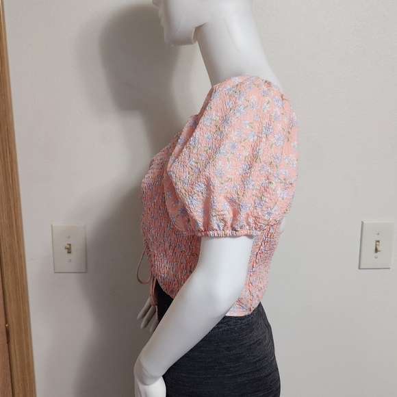 Elodie peach rouched smocked floral print crop top size large - Picture 10 of 12